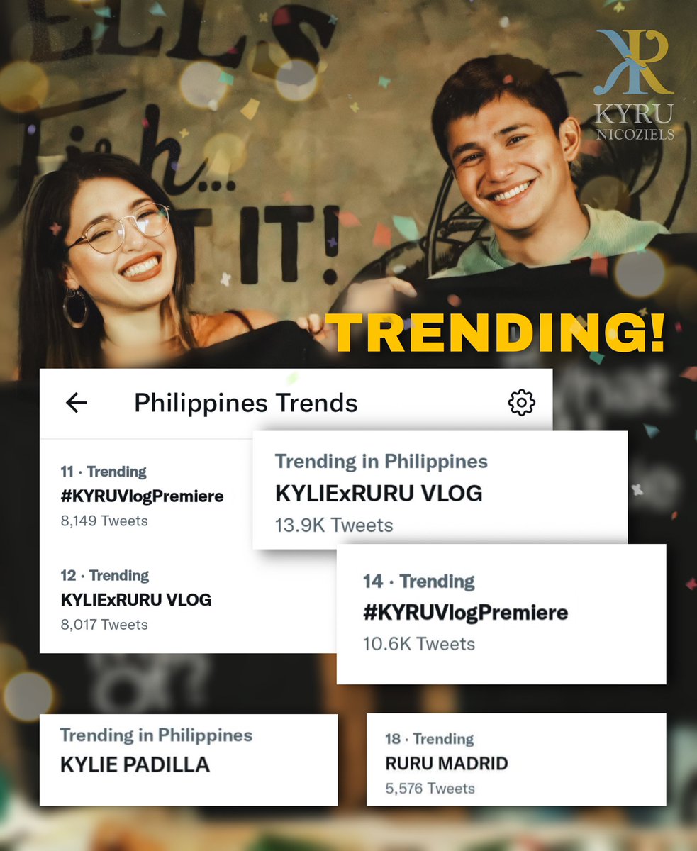 YbrAmihan2016's tweet photo. Trending!! ✨ Not one, not two, but 4 trends ang pumasok sa Trendlist! Pinagusapan at inabangan ang #KYRUVlogPremiere! Maraming natuwa, kinilig at nabitin sa Part 1, haha. Kailan ang Part 2 itay @Rurumadrid8 ? 🥰 @kylienicolep 

Avisala Eshma sa mga nakitweet!! Sa Part 2 uli! 💙 https://t.co/OY2FYgHPAl