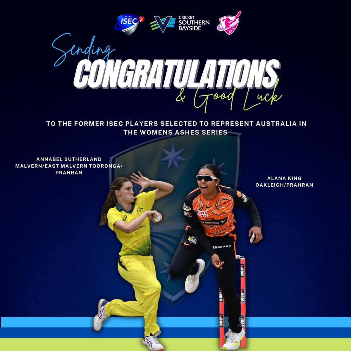 Congratulations to two former ISEC players that have been selected to represent Australia in the Womens Ashes Series, which began in emphatic style last night! Wishing them all the best for the series 💪!