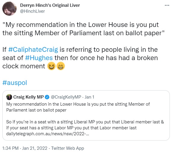 Bozza03's tweet photo. I'm #BlockedByCraigKelly, but that's a broken clock moment from the member for #Hughes indeed😁

#CaliphateCraig
#AusPol2022 https://t.co/Ju3JczGbBg