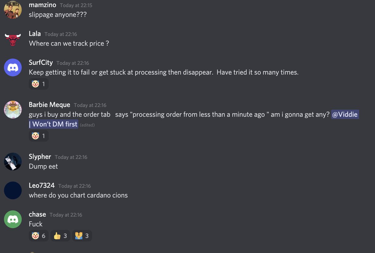 cobie's tweet photo. I tried to buy the SundaeSwap launch on Cardano. It didn't work at all, chain is congested, my txs failed and price has moved so not buying anymore.

But the Discord is lots of fun. https://t.co/9BWhu9p0pG