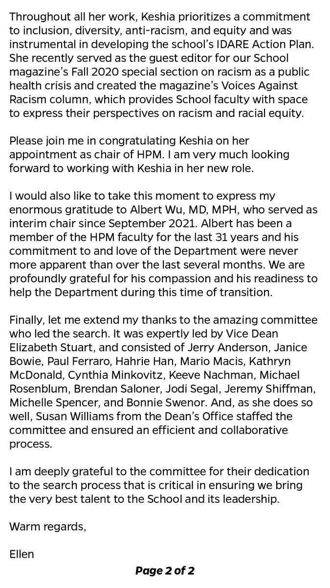 EllenJMacKenzie's tweet photo. It gives me great pleasure to announce the appointment of @DR_KMP as the next chair of @JHSPH_HPM.
Keshia has an outstanding record of academic accomplishments, demonstrated leadership and administrative abilities, and a bold vision for the Department’s future. https://t.co/okp07rBEQK