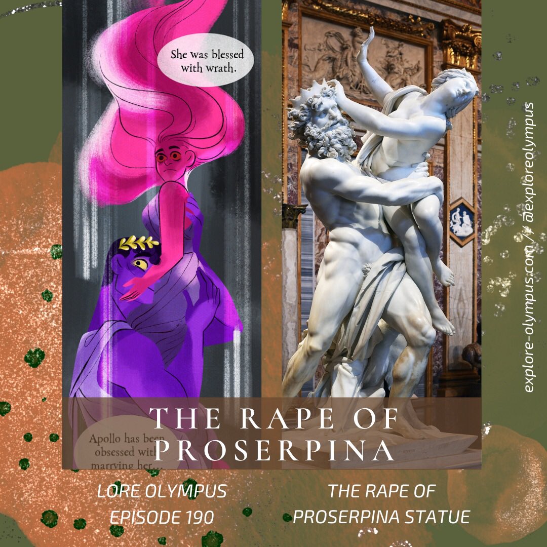ExploreOlympus's tweet photo. This panel from episode 190 of #LoreOlympus by @used_bandaid seems to be a nod to the famous Roman sculpture The Rape of Proserpina, which depicts Persephone’s abduction by Hades to the Underworld. (“Rape” in this instance refers to seizing or taking of someone, not sexually.) https://t.co/48GyiyMmf9
