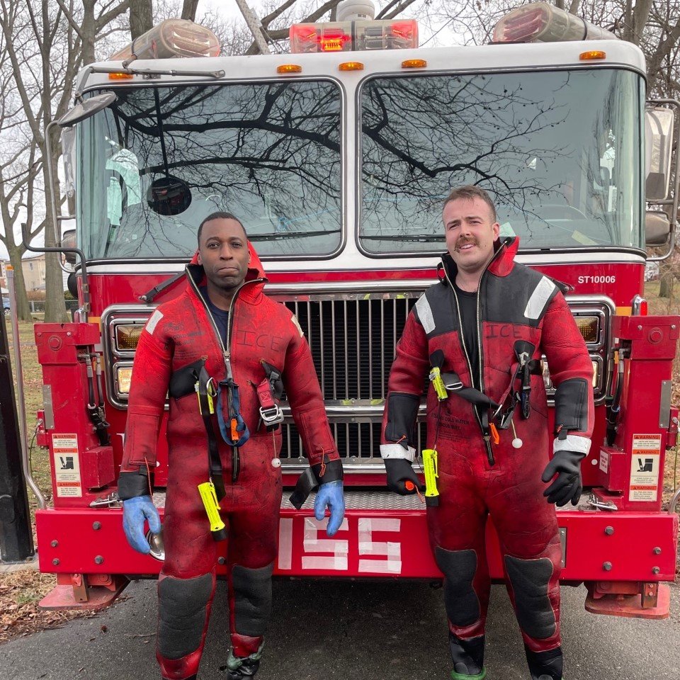 FDNY's tweet photo. FDNY members from #Ladder155 rescued two individuals from a frozen pond in Queens earlier this afternoon. Read more: https://t.co/acg3HBrold https://t.co/9TbhzDW525