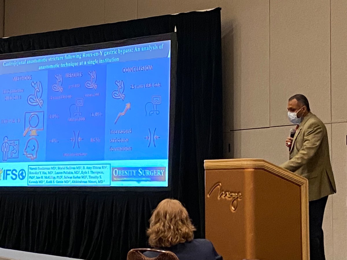 Fantastic talk by @Nimeri_MD about technical considerations and outcomes of #RYGB #gastricbypass. Always measure the pouch. @ASMBS #ASMBSReUNITED rdcu.be/cpapP