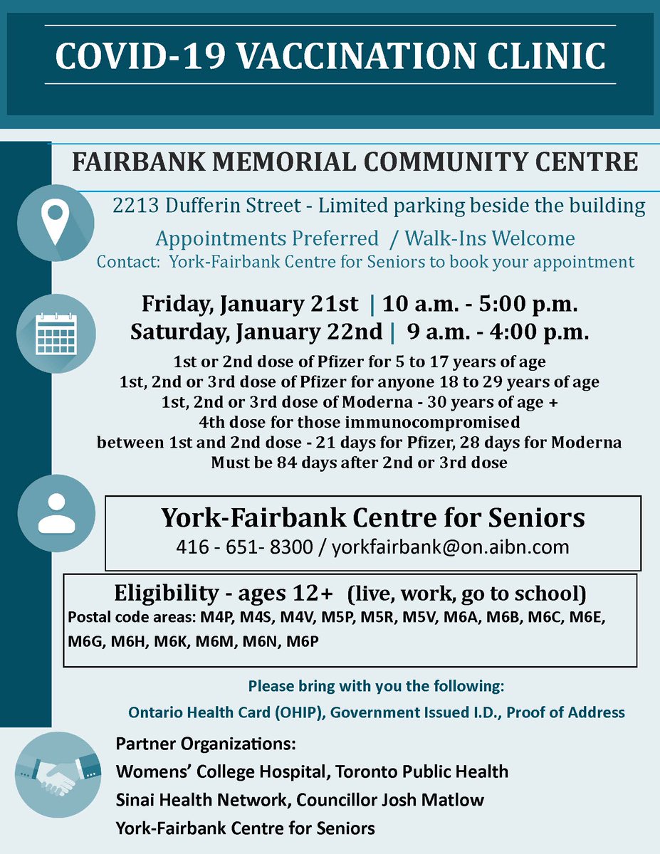 shelleylaskin's tweet photo. #GetYourShot @JoshMatlow is co-hosting a vaccine clinic this Friday January 21st (10-5) and Saturday January 22nd (9-4) at 2213 Dufferin Street (Fairbank Memorial Community Center). Contact York-Fairbank Centre for Seniors to book
416-651-8300 / yorkfairbank@on.aibn.com https://t.co/kvjtarRWMq