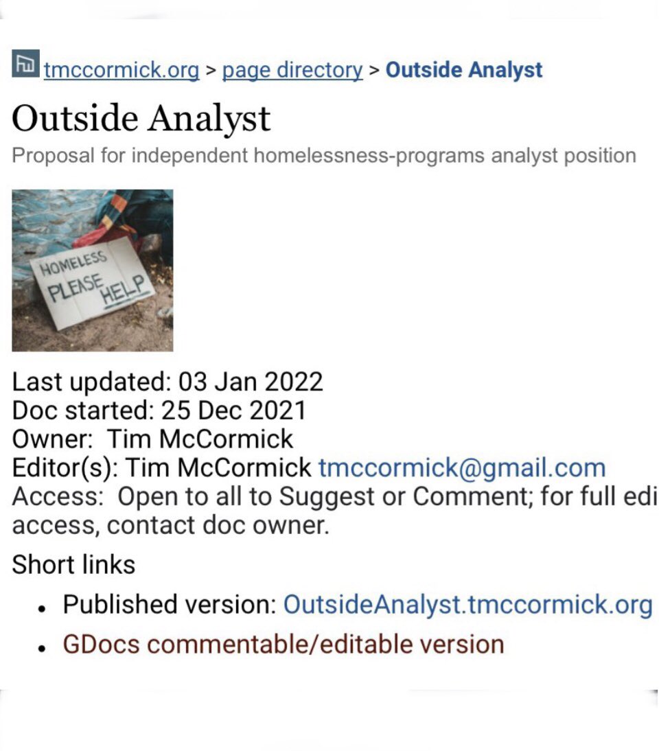 tmccormick's tweet image. another homeless services assessment role/project that we can predict will fall short of needs b/c of 2 fundamental issues: 1) studying what enacted, not what possible; 2) not co-developed w/intended beneficiaries. See #OutsideAnalyst project to track &amp;amp; redress. c/@ryanmfinnigan