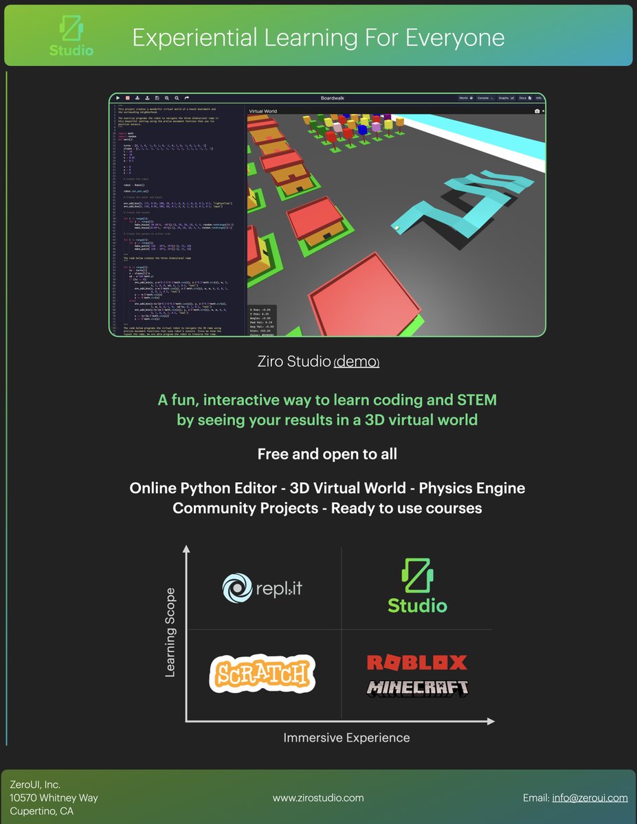 ziro_studio's tweet photo. It is great to see so many CS and STEM teachers falling in love with Ziro Studio. Please share this brochure with any of your colleagues that may be interested. It is free and open to all. https://t.co/RG8SG4HeSL