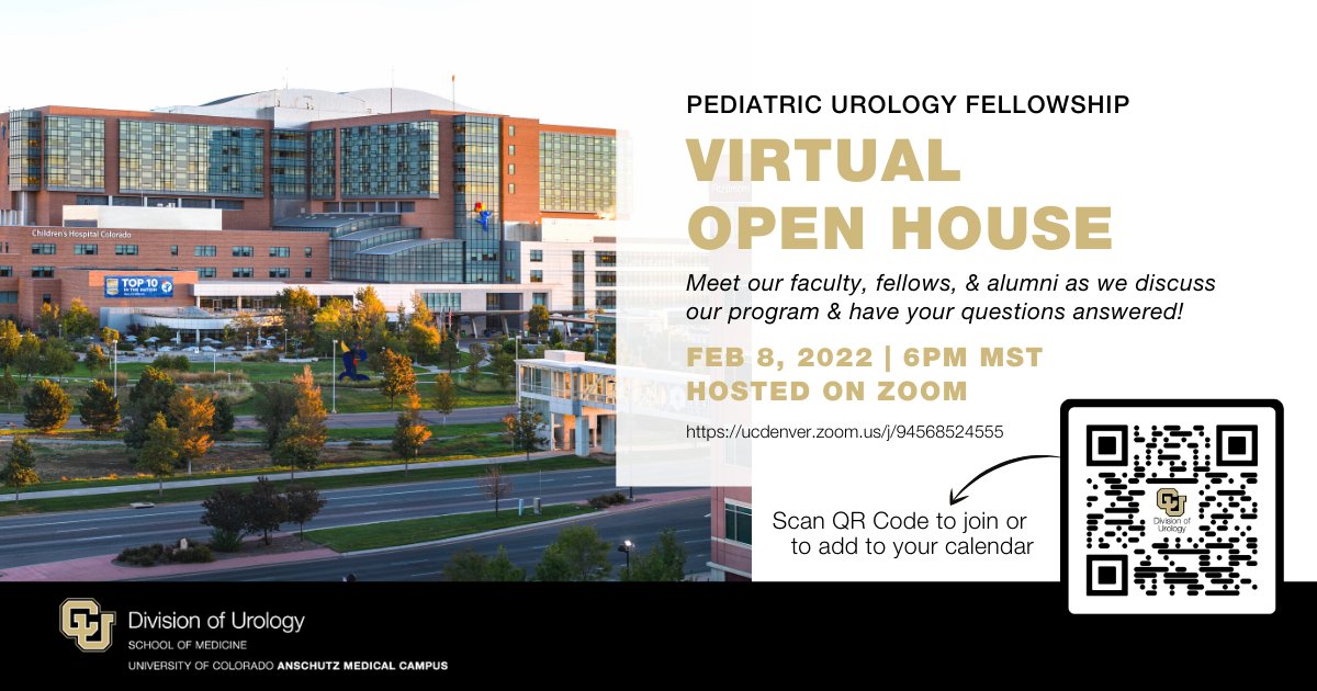 CU Urology (@cu_urology) on Twitter photo Join us at the pediatric urology fellowship open house on 2/8 6-7P (mst)
Meet faculty, alumni, PD <a href="/cost_nicholas/">Nicholas Cost</a>, fellows <a href="/NinaMikkiMD/">Nina Mikkilineni MD</a> <a href="/_kristenmeier/">Kristen Meier</a> as we discuss our program and how it supports lifelong educational & professional success.
Learn More:bit.ly/33D9mN5 Join us at the pediatric urology fellowship open house on 2/8 6-7P (mst)
Meet faculty, alumni, PD <a href="/cost_nicholas/">Nicholas Cost</a>, fellows <a href="/NinaMikkiMD/">Nina Mikkilineni MD</a> <a href="/_kristenmeier/">Kristen Meier</a> as we discuss our program and how it supports lifelong educational & professional success.
Learn More:bit.ly/33D9mN5