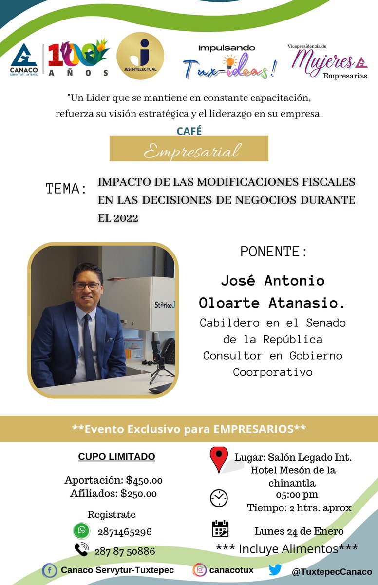 TuxtepecCanaco's tweet photo. Canaco Tuxtepec te invita a asistir al café empresarial que se llevara a cabo el lunes 24 de enero. https://t.co/o2CXQcR1tB