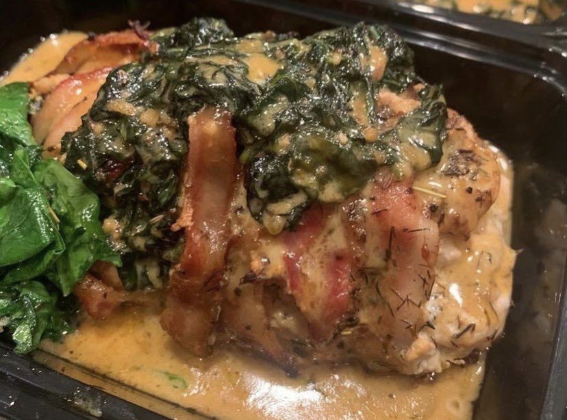 C3Chef's tweet image. Spinach stuffed chicken made w/ Chef Carlos Brown Gullah Sauce.