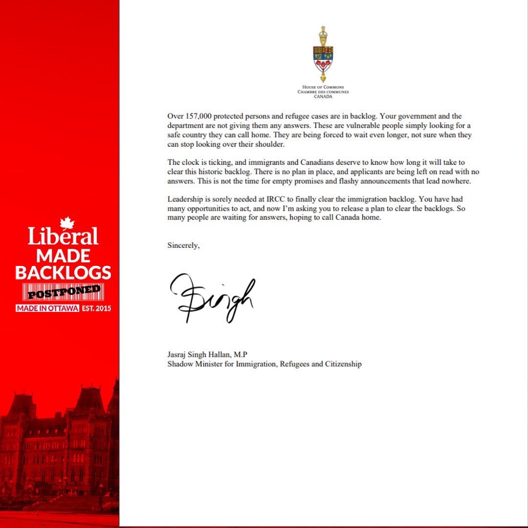With over 1.8 million applications and 157k protected persons &amp; refugee cases in backlog, and Labour Shortages plaguing our Economy, the Liberals has no plan to fix this.  This is why I wrote to the Minister of Immigration, to urge him to develop a plan &amp; #ClearTheLiberalBacklogs