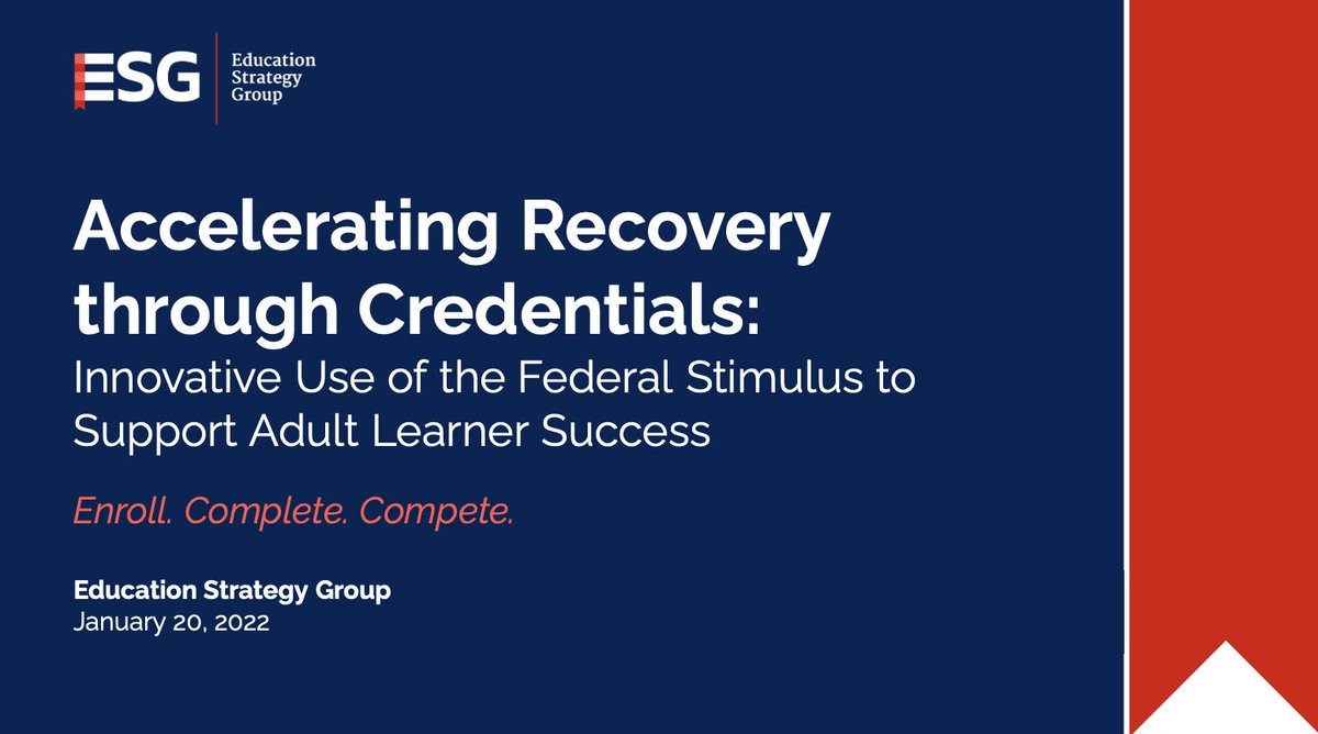 Earlier today, @edstrategygroup hosted our second Accelerating Recovery through Credentials: Stimulus Innovation Advisory Group meeting to discuss how #HEERF can be leveraged to support adult learner success. We enjoyed learning from several #commcollegeleaders! https://t.co/4963EAHmUn