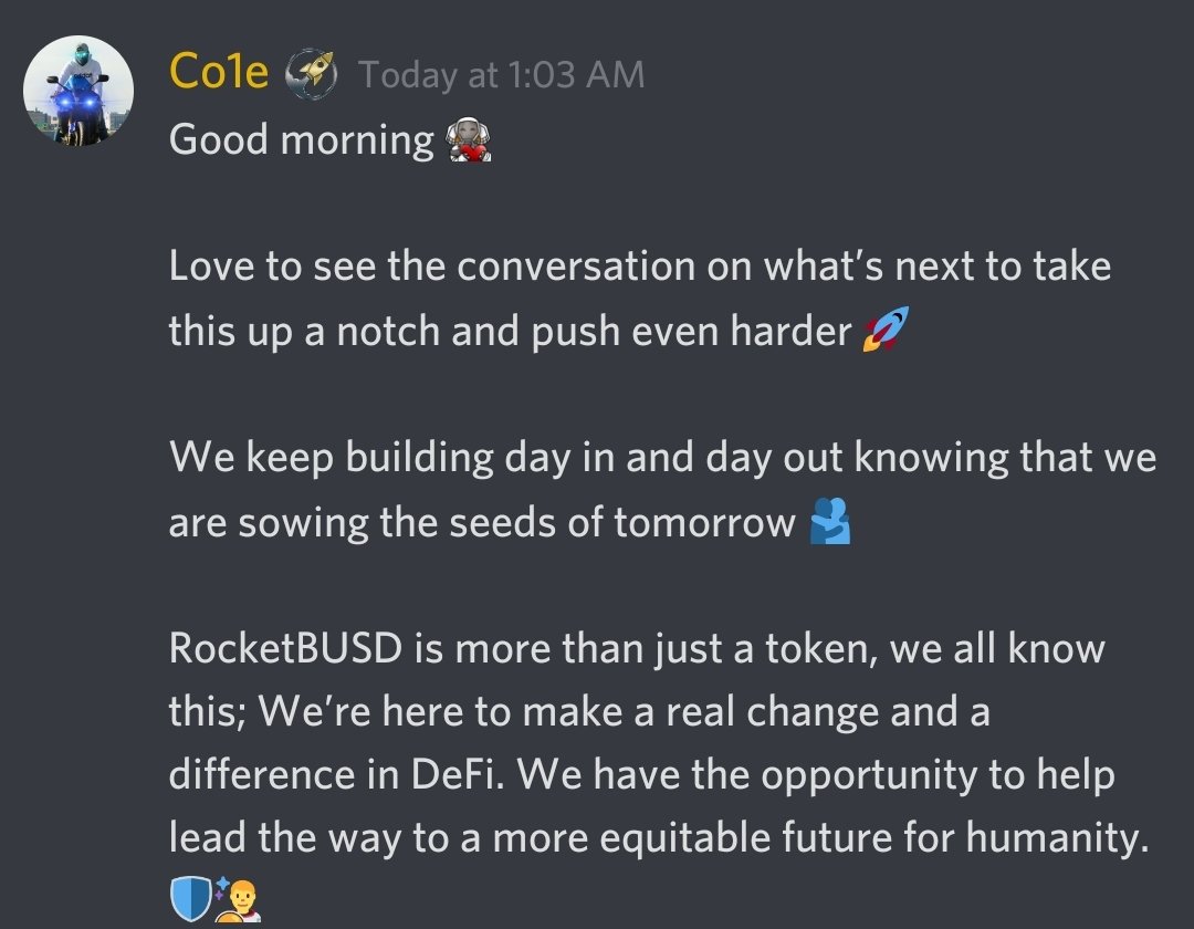 KiNdA_ShReDz's tweet image. One thing that builds confidence in a project is daily updates. Our CEO Cole is religious about the daily updates. So freaking bullish in a bear market!
#rocketbusd #Rocketcrew #DeFi #LFG