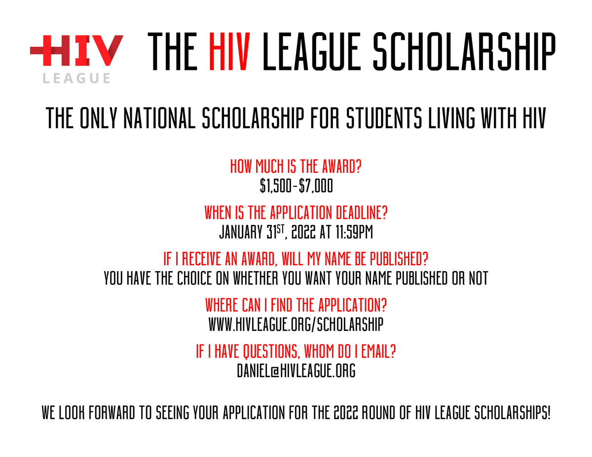 pwn_usa's tweet photo. Are you a student living with HIV? Have you heard about the only national scholarship for students living with HIV provided by @hivleague? The deadline to apply is January 31, 2022, the awards are $1,500-$7,000. Learn more and apply here: https://t.co/mrNwGcs5wk https://t.co/CAceA0rnv4