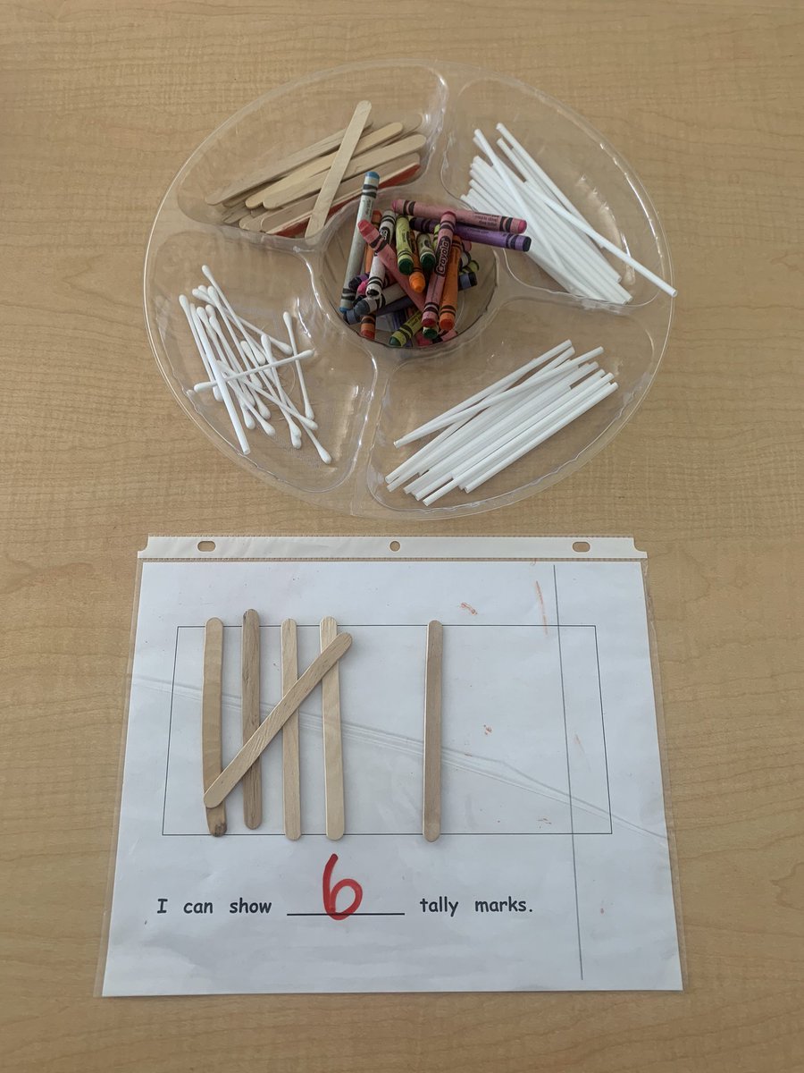 •Shake and dump fruit tallying  
•Numbers 1 through 10 identify and represent using tallies
•Loose part tallying  

 Math centres rocked this week! 🤓