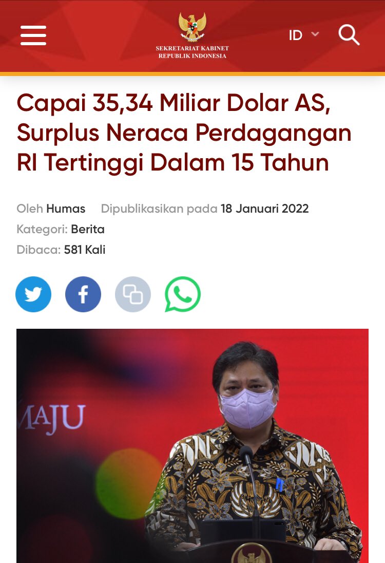 Capai 35,34 Miliar Dolar AS, Surplus Neraca Perdagangan RI Tertinggi Dalam 15 Tahun - setkab.go.id/capai-3534-mil…