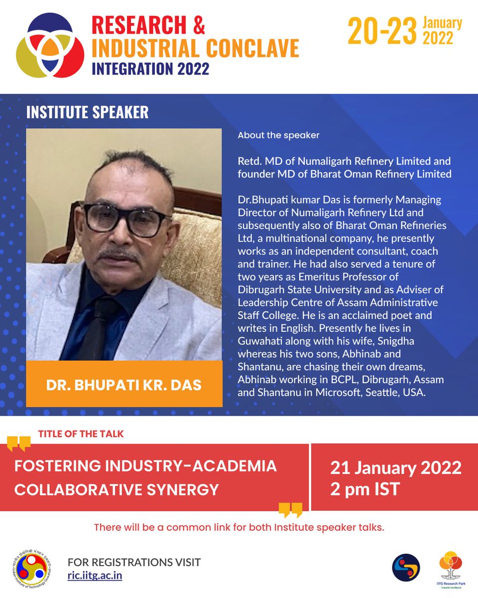 RIC_IITG's tweet photo. RIC'22 | Day 1 Schedule

Keynote lectures from eminent personalities including Prof. V.Ramgopal Rao and Dr. Bhupati Kr. Das will be delivered at 12:00 PM IST and 02:00 PM IST respectively.
#ric22 #iitguwahati #research #industry #startups #technology #entrepreneurship #networking https://t.co/26AAqUFW7s