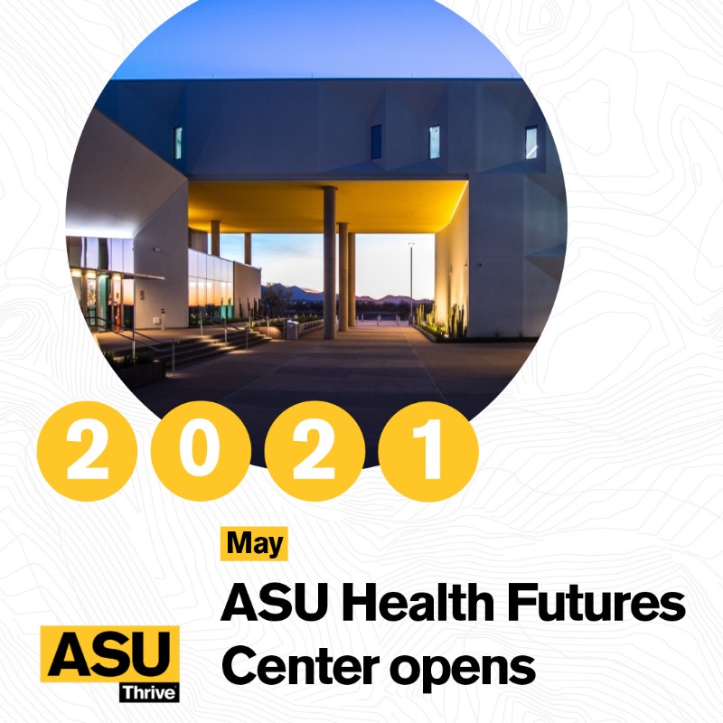 ASU's tweet photo. In May, ASU and @MayoClinic unveiled the new Health Futures Center, where researchers, staff and students will catalyze the future of health care.
Read more about this and other top ASU stories for 2021 in the latest edition of #ASUThrive.
#ASUYearInReview