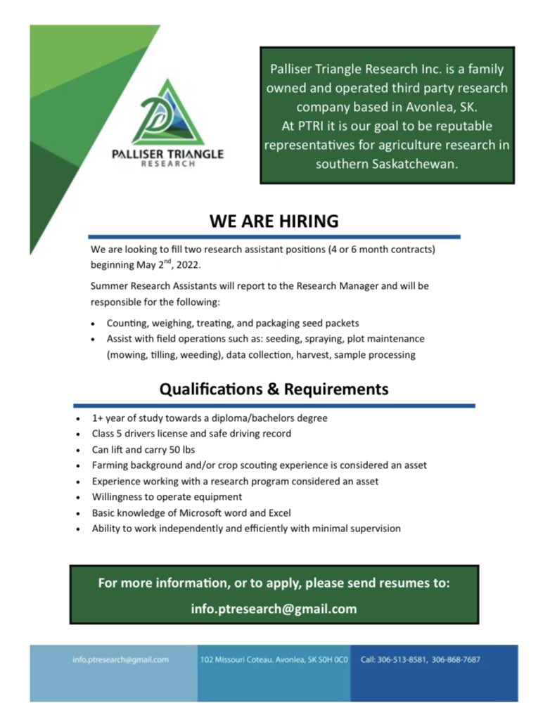 PTRI_18's tweet photo. We are looking to fill 2 summer student positions for the upcoming season. For more info or to apply please email: info.ptresearch@gmail.com https://t.co/5SJPlWGVjx