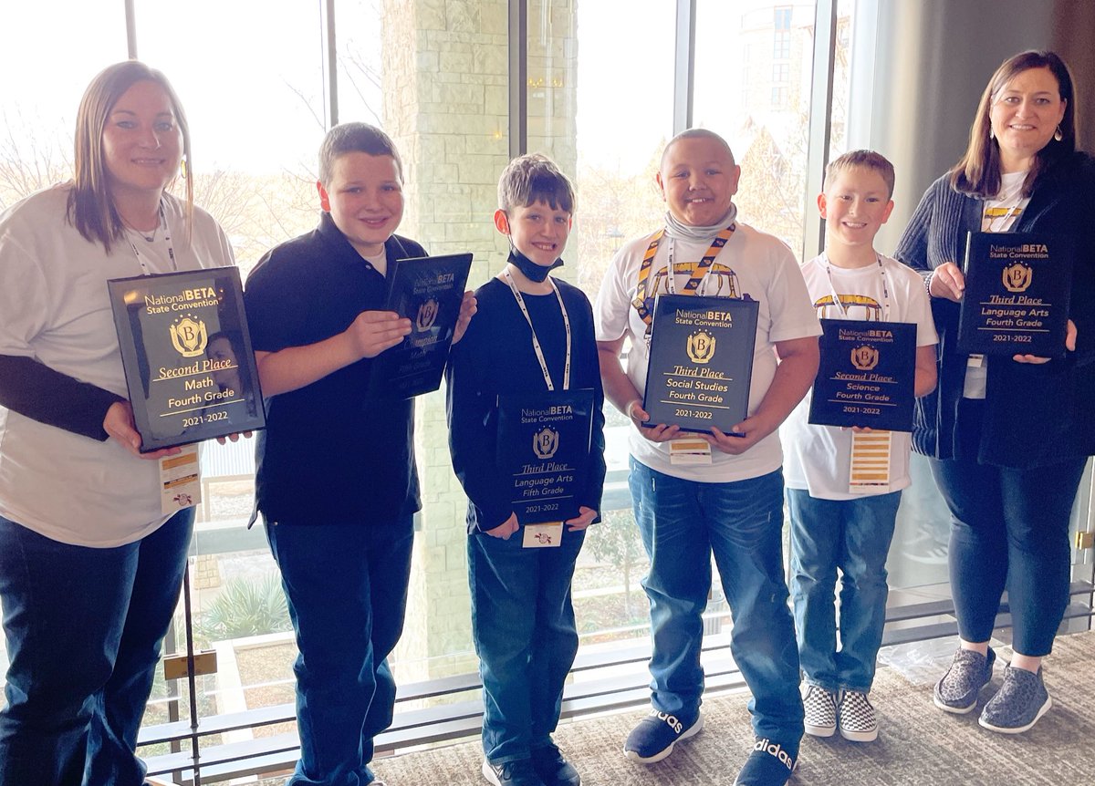 BRBetaClub's tweet photo. Congratulations to these #BetaCon22 elementary national qualifiers:

Hudson Carey - 2nd Place Science
Jett Miller - 3rd Place Social Studies
Peyton Tankersley - 3rd Place ELAR
Braden Black - CHAMPION Math

NOT PICTURED:
Lawson Wylie - 2nd Place Math
Kane Lopez - 3rd Place ELAR https://t.co/CKu0mljcCa