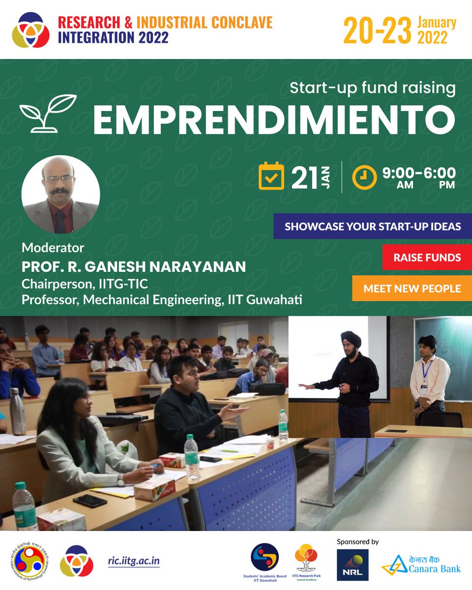 RIC_IITG's tweet photo. RIC'22 | Events for Day 1
Emprendimiento: Start-up Pitching
Time: 8:00am to 6:00pm

Discutir: Panel Discussion
Topic- Agriculture and Allied sector
Time: 10:00am to 11:30am

Topic- Healthcare engineering
Time: 3:00pm to 4:30pm

#ric22 #iitguwahati #research #startups https://t.co/JyTvEfE19D