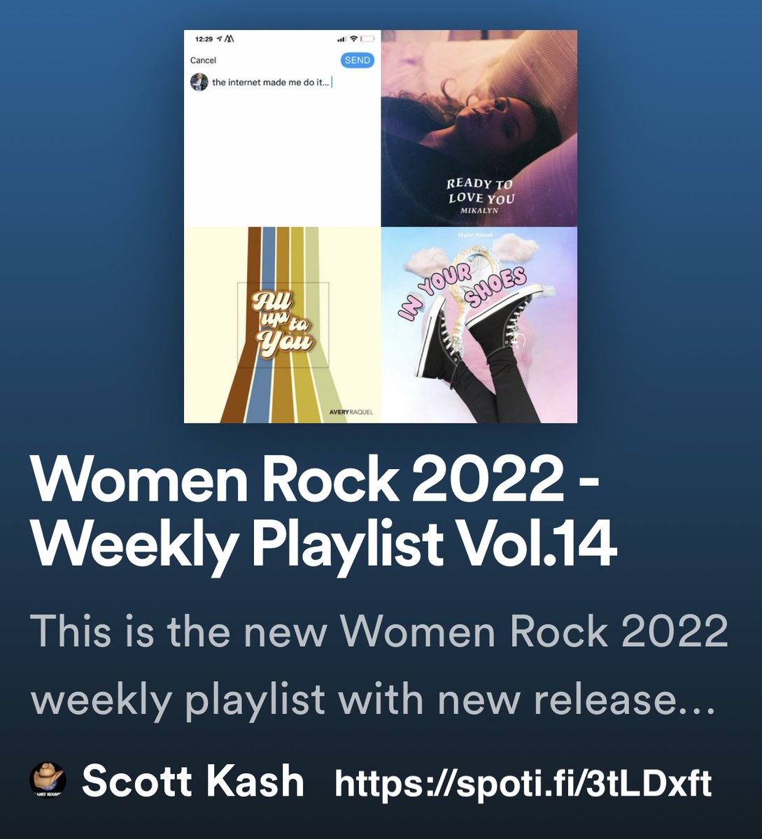Here’s the new #WomenRock playlist for 2022 with new pop/alt/rock releases by

@madilyn
<a href="/MikalynMusic/">Mikalyn</a>
<a href="/realaveryraquel/">Avery Raquel</a>
<a href="/SkylarNevaeh01/">Skylar Nevaeh</a>  
<a href="/kaylinvelasings/">Kaylin Vela</a> 
@Lucy_Gaffney
+MORE

#Spotify
spoti.fi/3tLDxft

#Pop #Alternative #Rock