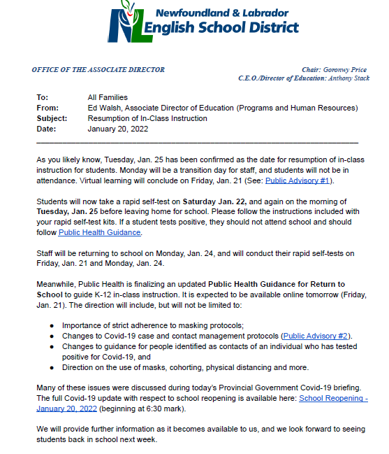 Hey Hawk Families! Its time to return to school! Please read the following Memo from our School District. 

Here are the links noted in the Memo:
gov.nl.ca/releases/2022/…

gov.nl.ca/covid-19/publi…

gov.nl.ca/releases/2022/…

youtube.com/watch?v=JKo9ta…
