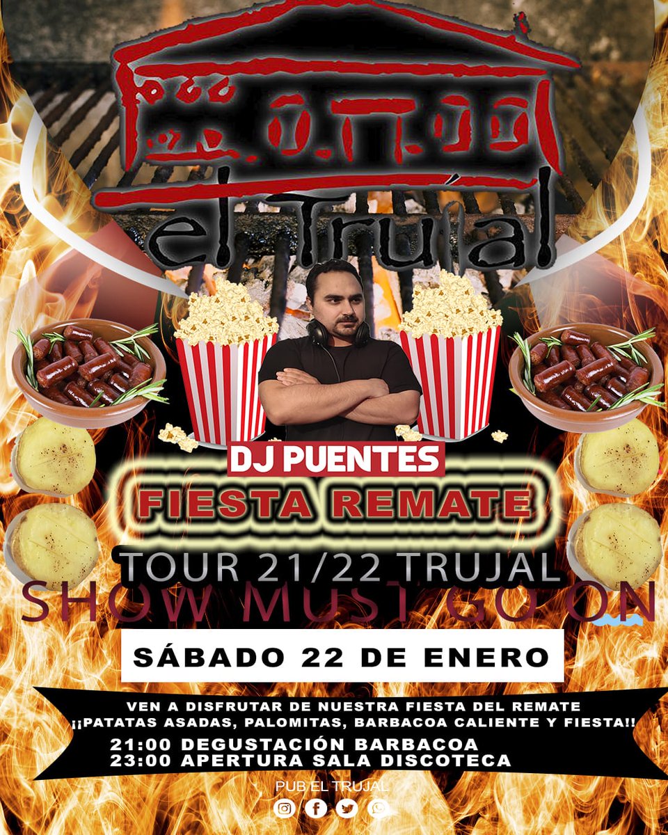 ELTRUJAL's tweet photo. 🔥FIESTA REMATE🔥
¿Queréis una fiesta diferente?¿Que tal una lumbre, patatas, chistorra, palomitas y ¡¡FIESTA!!?

📅 Sábado 22 de Enero
📍 @eltrujalpub
⏲️ 21:00h https://t.co/tBG9ATR4wV
