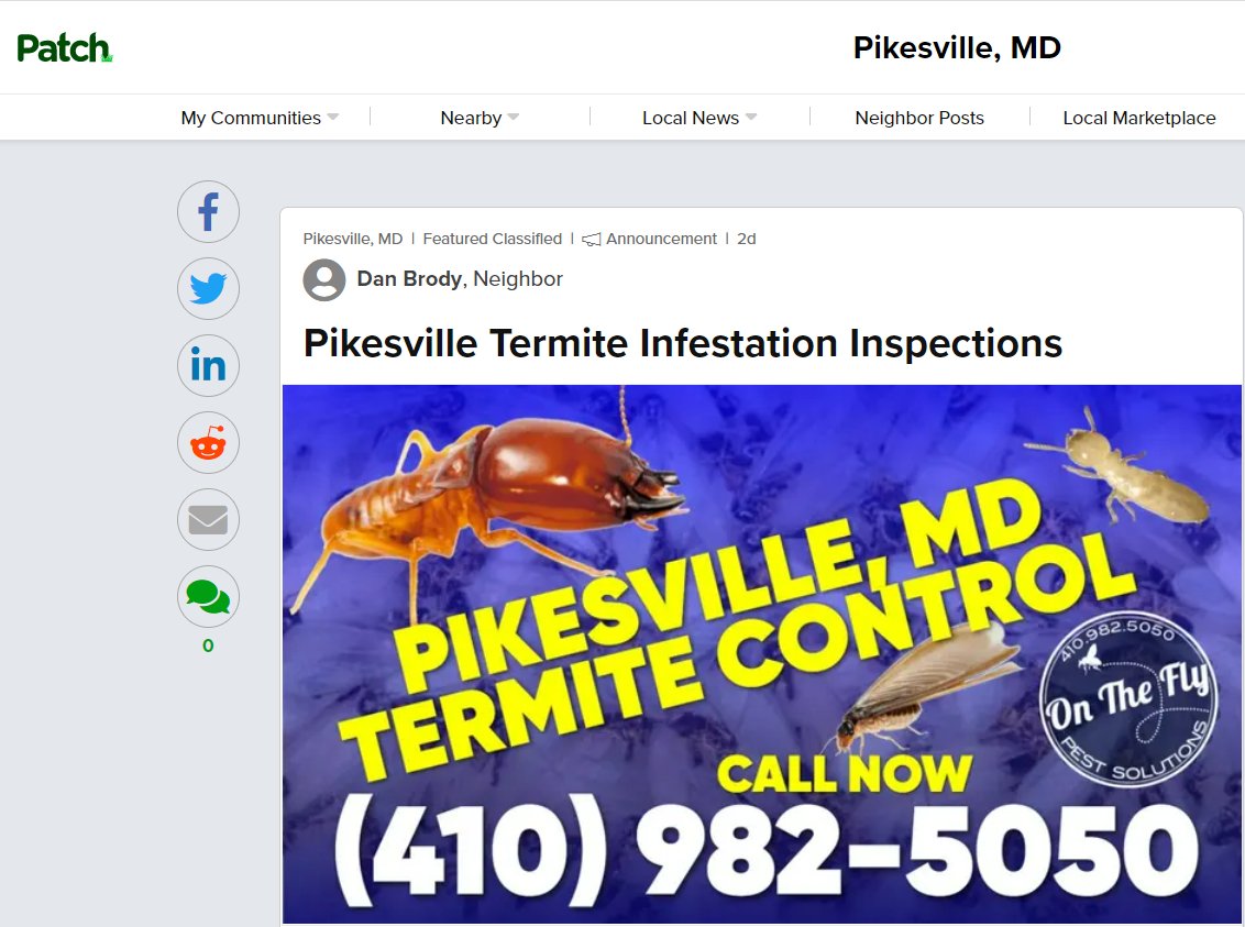Pikesville Termite inspections by On The Fly Pest Solutions for current residents and buyers interested in pre-purchase inspections. State licensed in pest control with all certifications and a perfect 5 star rating from 380+ customers. #TermiteControl

patch.com/maryland/pikes…