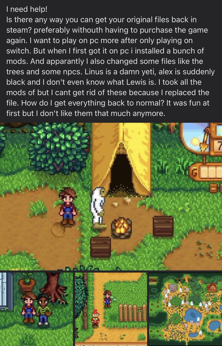rStardewValley's tweet photo. Someone posted this in a stardew facebook group. Idk how to help but this is hilarious.. posted by u/tayythefall. Post url: https://t.co/zNe9w9OrOG #StardewValley #Stardew https://t.co/ppKDWd1vyT