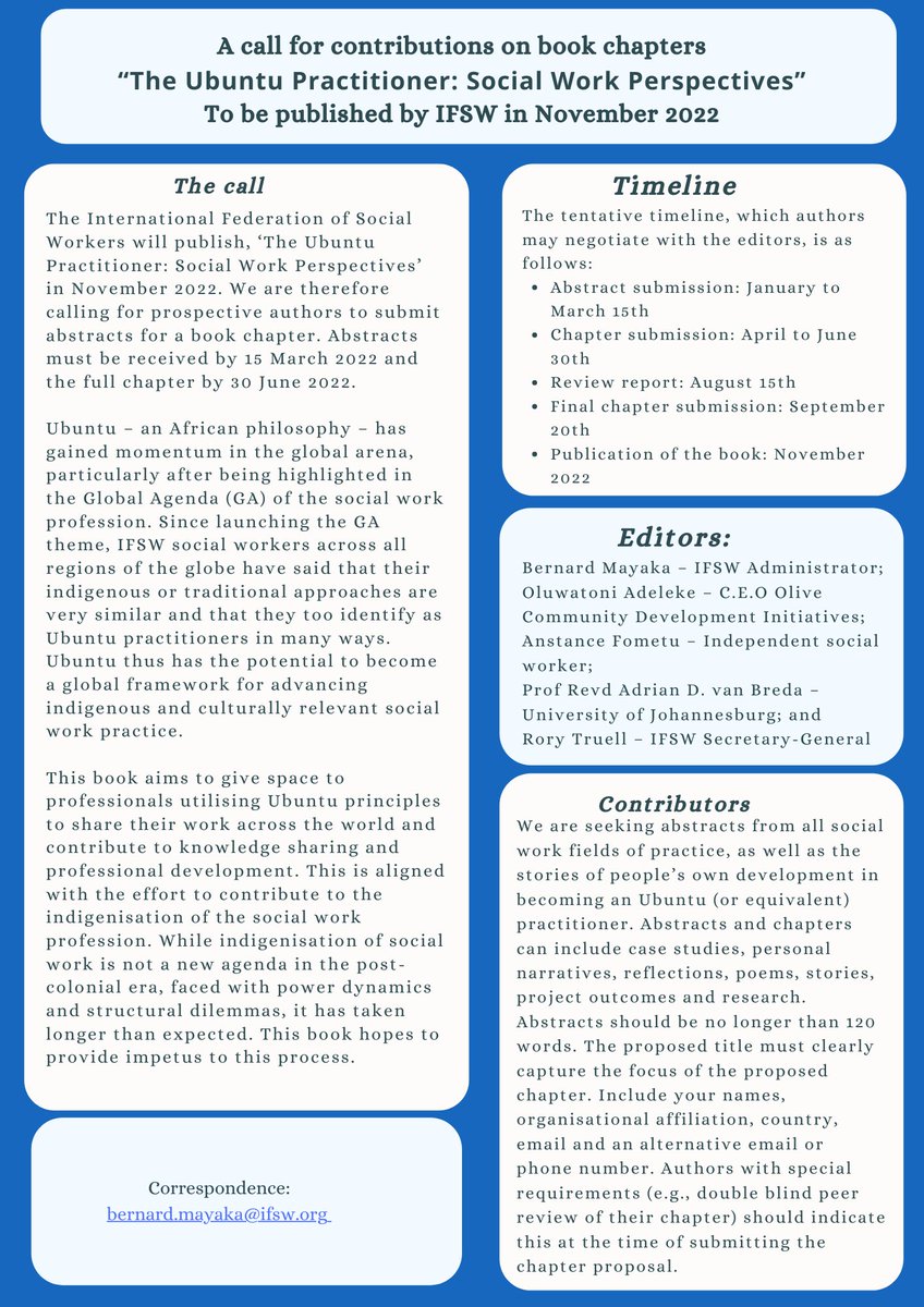 IFSW's tweet image. Social work is lead in promoting indigenization of the profession in practice, training, publication; you are all invited 2 contribute a book chapter &apos;The Ubuntu Practitioner: Social Work Perspectives&apos;
Contribute to bernard.mayaka@ifsw.org
#ubuntu #indigenization
@Bmayaks