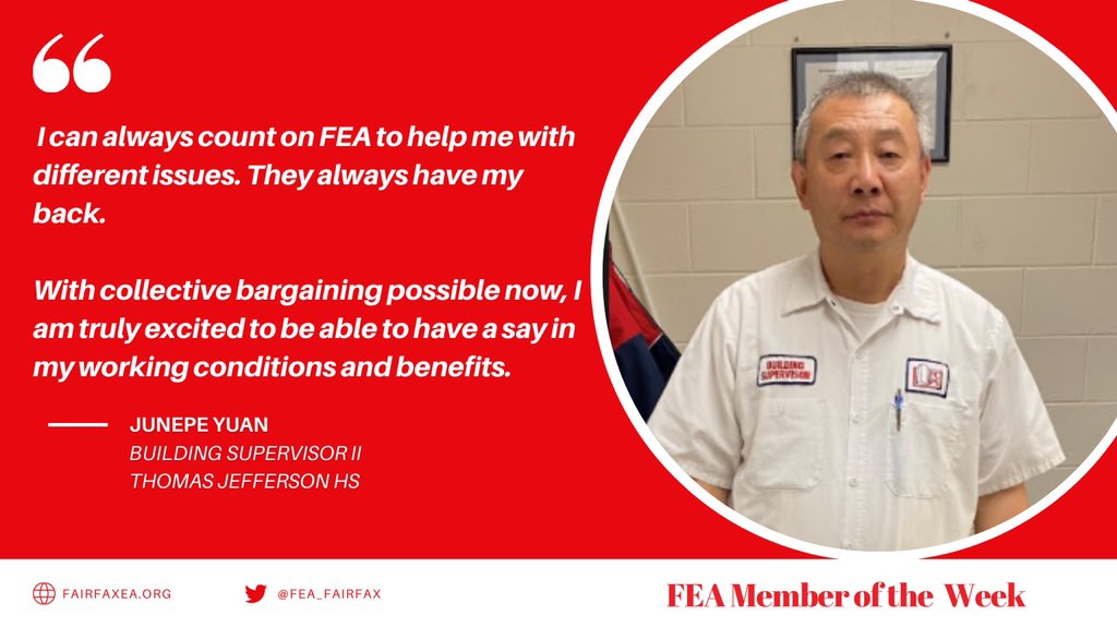 FEA_Fairfax's tweet image. FEA relies on voices like JunePe Yuan’s to make sure that Custodial issues in #FCPS are properly addressed and supported by the Union. This Building Supervisor II from TJ High knows that support staff won&apos;t be left behind with #ContractNegotiations!
#Organizing2Bargain #VEAStrong