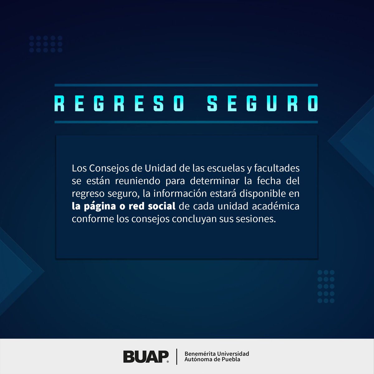 BUAPoficial's tweet photo. 👉 Para un #RegresoSeguro en la BUAP, te invitamos a estar  pendiente de las Redes Sociales de las unidades académicas. https://t.co/4PW4GaUJWQ
