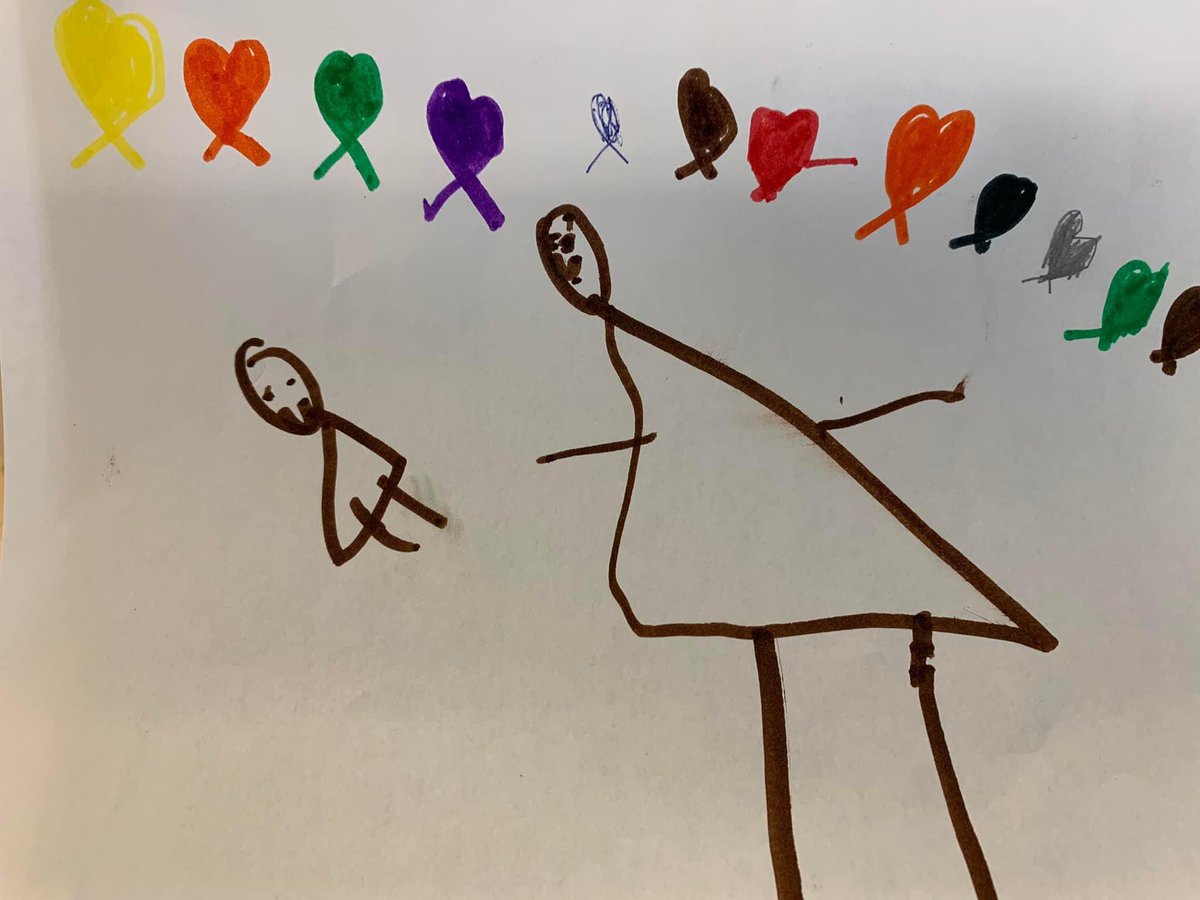I am sitting outside the isolation room with a kinder who needs to go home because she has symptoms. She made a drawing for me &amp; then said, “I made you brown because you are brown and I just like brown, so I am brown too like you.” #covidsilverlining  #kindergartenkidsarethebest