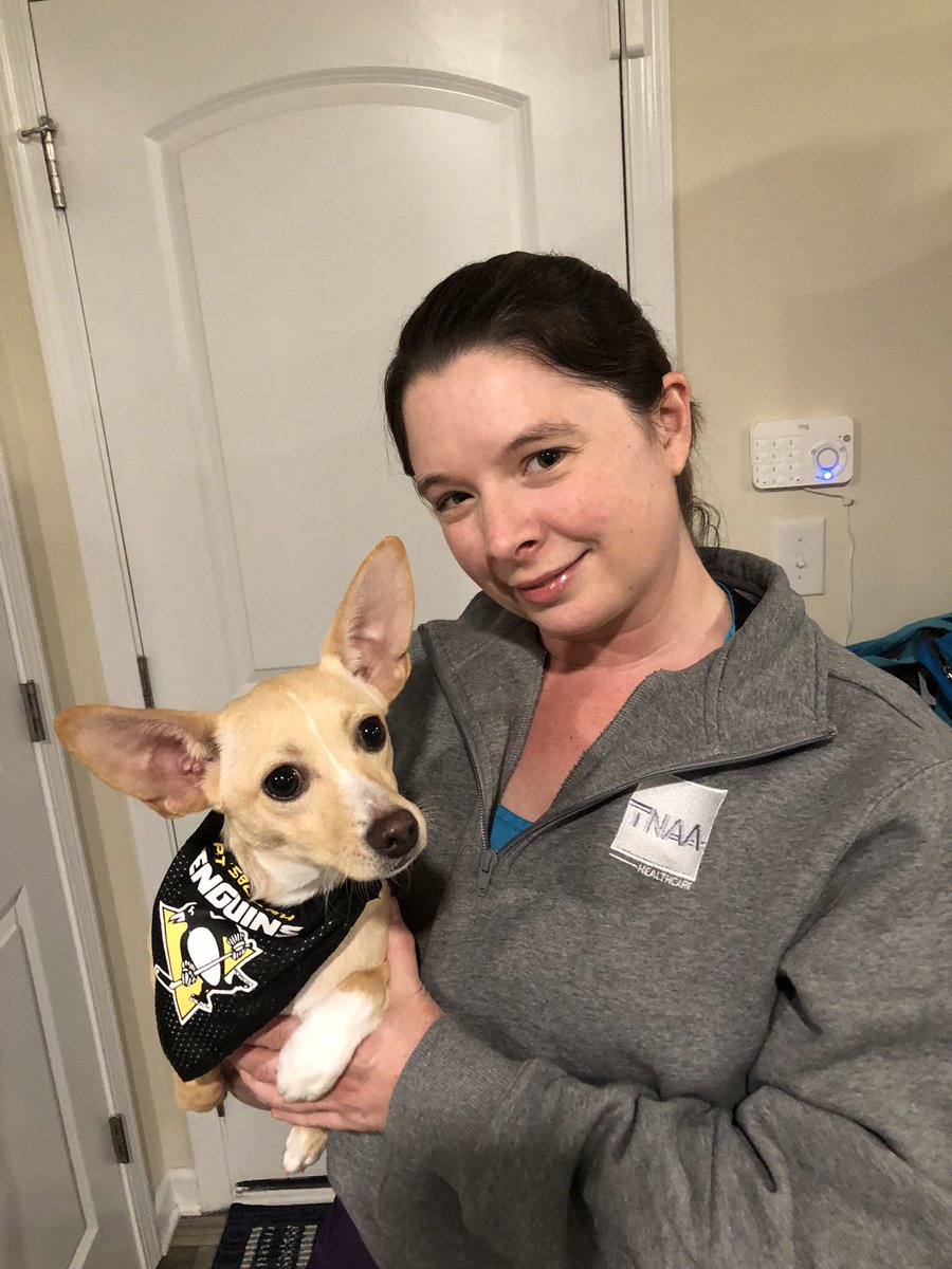 DizTrain's tweet photo. We heard it’s nurse appreciation night for @penguins! Erin loves working for @travelwithTNAA and we def love our Pens #LetsGoPens (pictured with our pup Crosby) https://t.co/ya9aDuXnh4