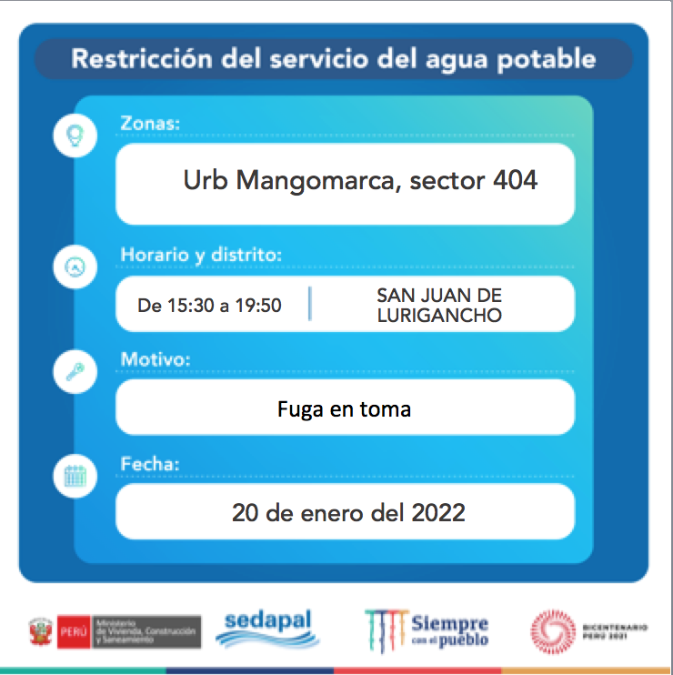 SedapalOficial's tweet photo. Atención San Juan de Lurigancho #SJL. Gracias. Recuerde que #Sedapal realiza labores importantes para la calidad de vida en nuestra ciudad. ¡Seguimos trabajando por una ciudad sostenible!. https://t.co/wyAVxea1Q0