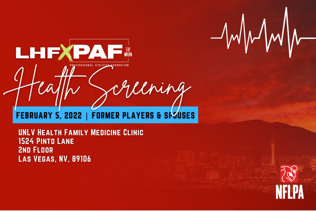 yourPAF's tweet photo. Catch us #ProBowl weekend for our first comprehensive health screening of 2022! @NFLPAFmrPlayers— and spouses book your appointments with our partner Living Heart Foundation. #yourPAF 

RSVP⤵️
✉️scottlhf@gmail.com
📲 5082541108 https://t.co/D0rj56VCvG