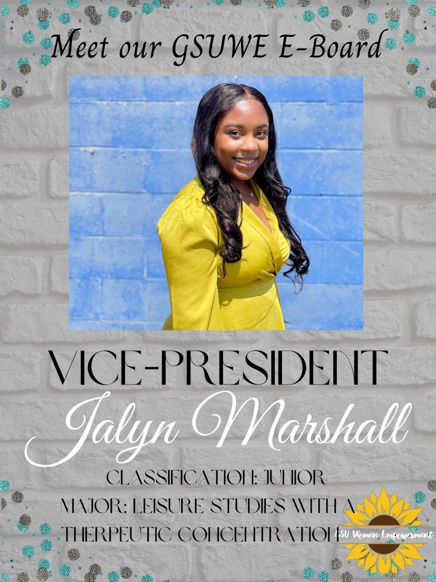 GramGsuwe's tweet photo. Meet our Eboard 🌻🤍

•Jalyn Marshall 
Vice President 
Hometown: Bastrop,La 
Major: Leisure Studies with a Therapeutic Recreation Concentration 
Hobbies: I love spending quality time with friends, family &amp; serving my peers &amp; community 
@NicoleJaye https://t.co/dTOQKosV4A
