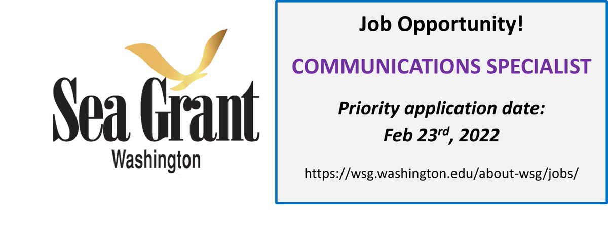 WASeaGrant's tweet photo. We have a job opportunity to join the WSG Communications Team! Learn more on our website and apply today. https://t.co/yPohIiQDxs

#WaSeaGrant #scicomm #jobopportunity
@SeaGrant @UWEnvironment https://t.co/8eDTTp07im