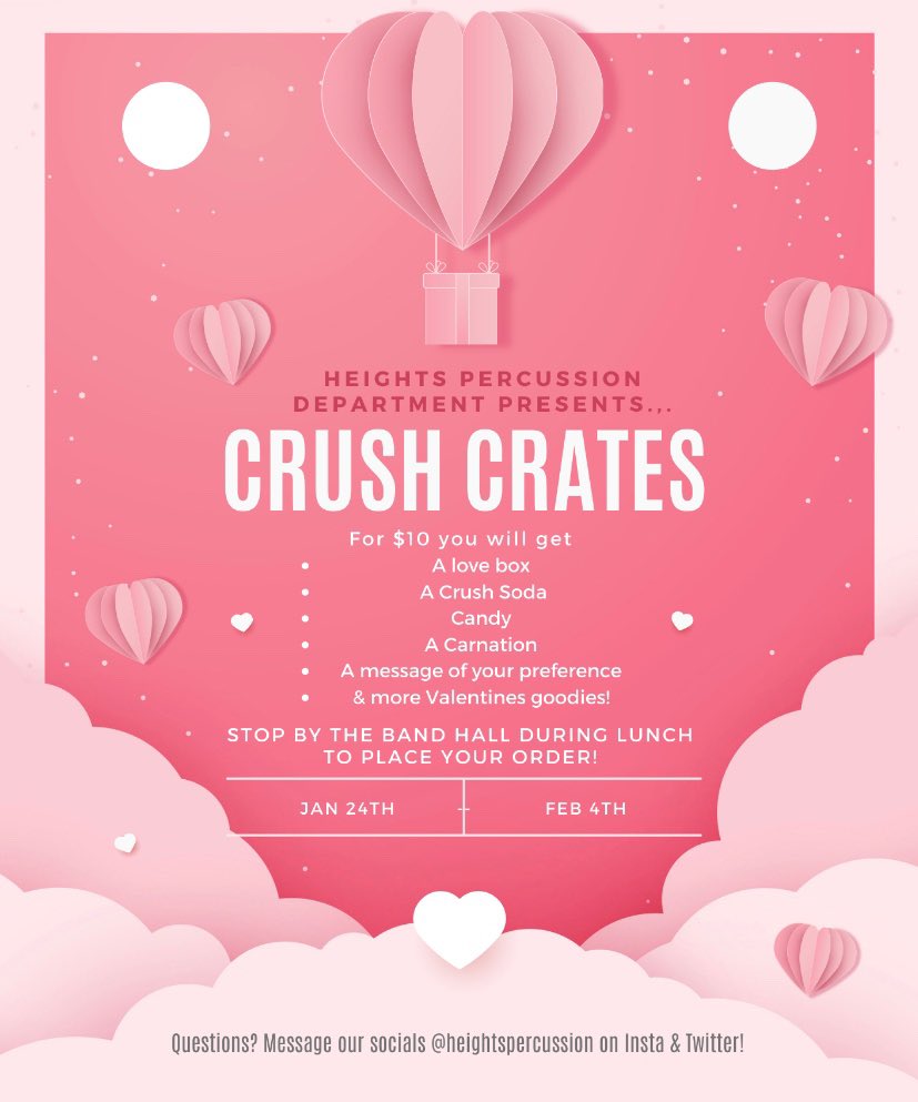 hpd is excited to announce crush crates 💗☁️!

for a crush or a self treat 💅

sales start next week during lunch!
<a href="/ghostofheights/">Heights High School</a> <a href="/heightshsband/">Heights HS Band</a> <a href="/Heights_PTO/">Heights High School PTO</a>