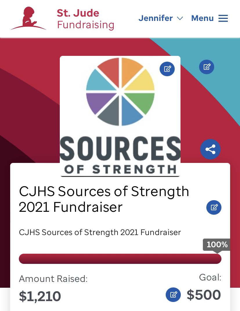 Thank you to our entire CJHS Family! Because of your Generosity, CJHS Sources of Strength was able to more than double our goal and raise over $1200 to help support St. Jude Children’s Research Hospital! <a href="/CJHSprinc/">CJHS Principal</a> <a href="/sourcesstrength/">Sources of Strength</a> <a href="/MrRussoHealth/">Coach Russo</a> <a href="/CounselingEB/">East Brunswick Counseling Department</a> <a href="/StJude/">St. Jude</a>