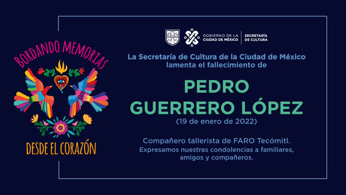Lamentamos el fallecimiento de nuestro compañero Pedro Guerrero López, tallerista de Faro Tecómitl. Honramos la entrega a su trabajo y deseamos pronta resignación a su familia y amigxs.  #LatimosEnRed #RedDeFaros #FaroTecómitl