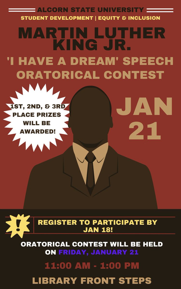 #Alcorn students, come out to the front steps of the J.D. Boyd Library for the Oratorical Contest tomorrow at 11 am!
