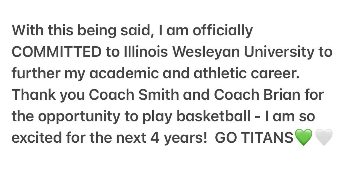 What a great journey this has been, so thankful for this opportunity!! 100% COMMITTED💚🤍 <a href="/IWUWomensBball/">Illinois Wesleyan Women's Basketball</a> <a href="/RMGirlsHoops/">Rolling Meadows Girls Basketball</a> <a href="/ChiHoopsExpress/">(CHE) Jerald Davis</a> @JohnPJacobs312 <a href="/MiaSmith1414/">Mia Smith</a> <a href="/BrianEhresman/">Brian Ehresman</a> <a href="/TNTignite/">TNT Ignite</a> @_gpaschaumburg <a href="/PGHIllinois/">Prep Girls Hoops Illinois</a> <a href="/MHS_Girls_/">Midwest Hoops Spotlight</a>