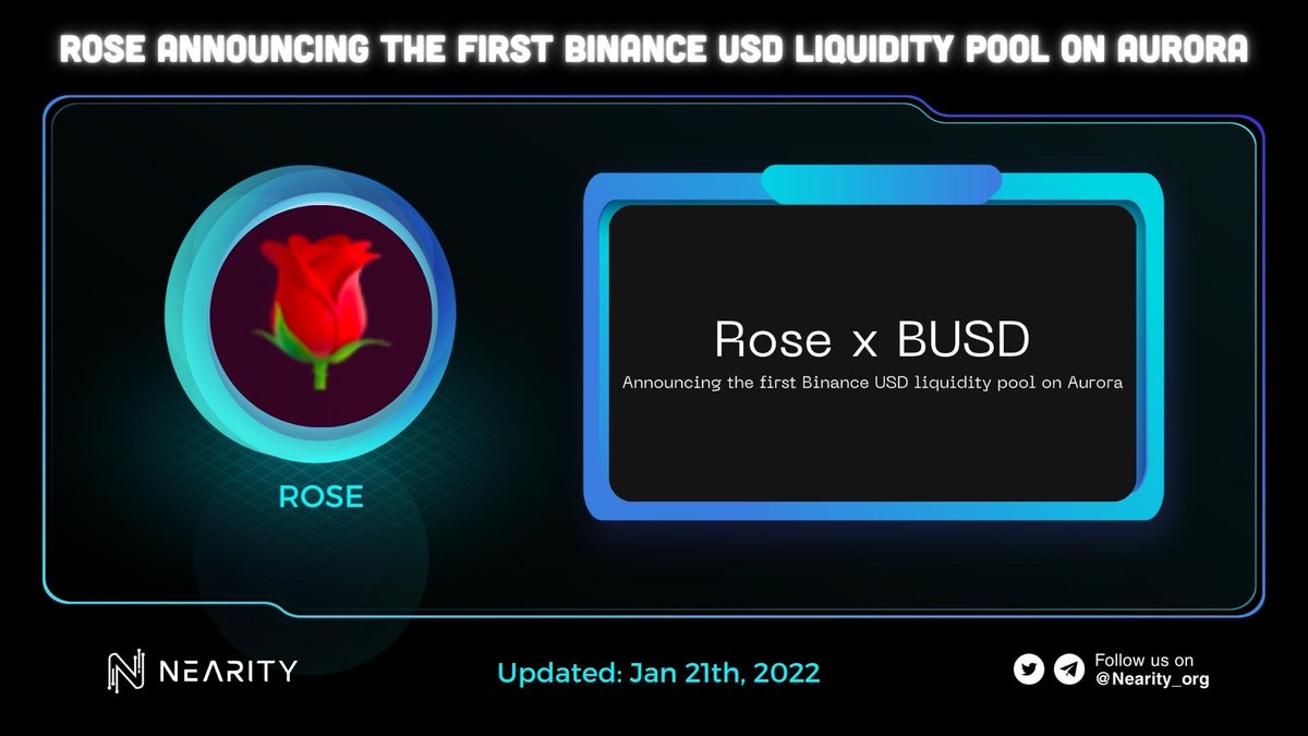 Nearity_org's tweet photo. 📣@RoseOnAurora announcing the first @binance $BUSD liquidity pool on @auroraisnear 

$BUSD is one of the largest #stablecoins in circulation with over $14 billion circulating within the crypto ecosystem 🤩

More details:
🔵 https://t.co/n56YP2hF03

#Nearity #ROSE #AURORA #NEAR https://t.co/dWeH2iwI7y