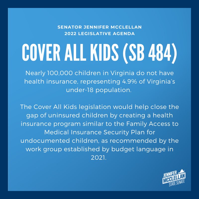 Nearly 100,000 children in Virginia do not have health insurance. I’m working with Delegate @KathyKLTran to close this gap with our Cover All Kids bills (#SB484 and #HB1012). #CoverAllKids
