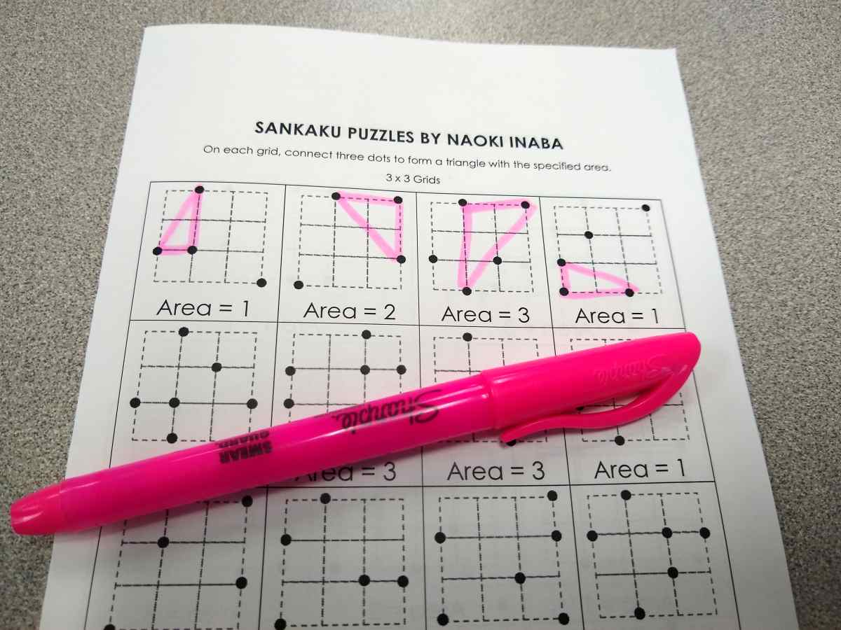 I recently re-discovered these Sankaku Puzzles from Naoki Inaba, a prolific Japanese puzzle creator. 

The Goal: Connect three dots to form a triangle with the specified area.

mathequalslove.net/sankaku-puzzle… 

#mtbos #iteachmath #puzzlingclassroom