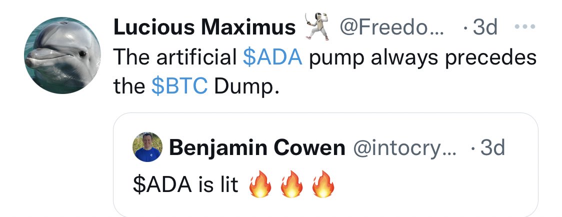 FreedomFinannce's tweet photo. How does $ADA always know when the big $BTC dump is coming?
@benjamincowen 

$ADA pumps always precede the big dump. #cardano SCAMo https://t.co/SOeSf79xDP