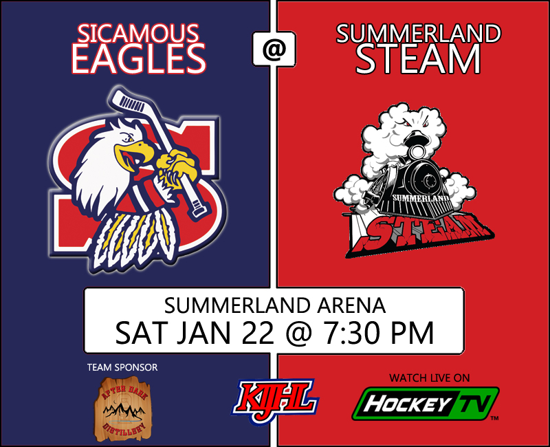 Sicamous_Eagles's tweet photo. The Eagles are headed to Summerland on Saturday to take on the Steam for the second of two meetings this season. Puck drops at 7:30 pm and can be seen on @MyHockeyTV. #goeaglesgo #letsmakeitfour @After_Dark_Dist @KIJHL @KijhlS https://t.co/YJQxudZrU1