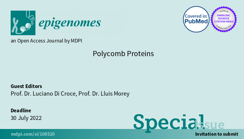 Epigenomes_MDPI's tweet photo. Epigenomes New Special Issue "#Polycomb Proteins" edited by Dr. Luciano Di Croce @ludicroce &amp; Dr. Lluis Morey @lluismorey 
https://t.co/Dkqu6xgDZN

It is focused on the function of #PcG and #TrxG complexes, both in development and disease. Contributes are welcome. https://t.co/aPcZhNO3a4